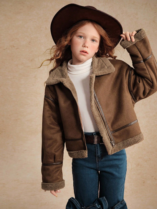 Tween Girls Long Sleeve Casual Faux Suede Fleece Zip Up Jacket