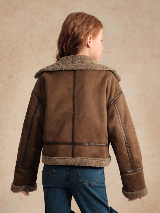 Tween Girls Long Sleeve Casual Faux Suede Fleece Zip Up Jacket