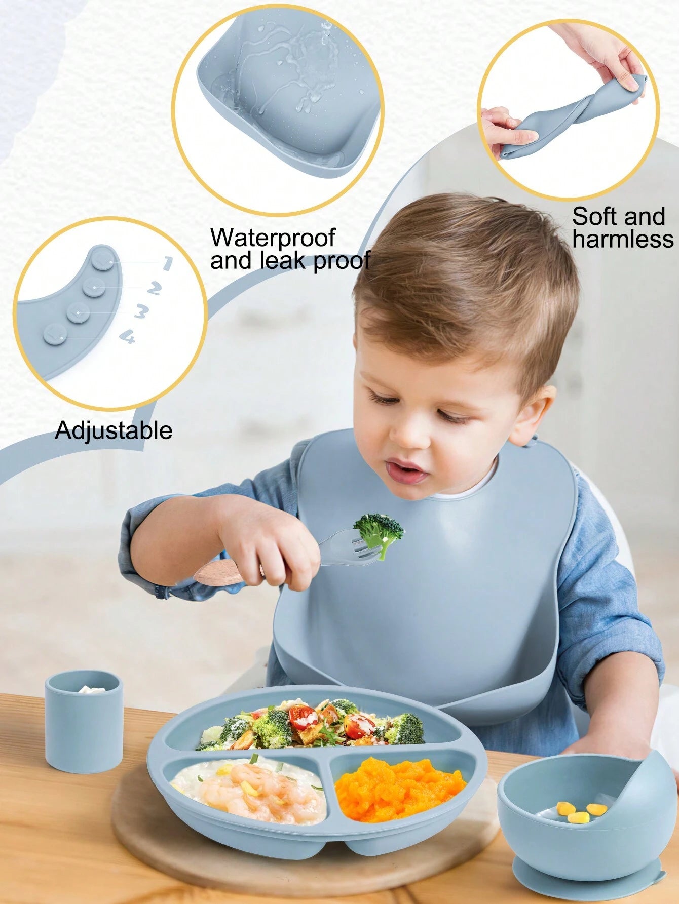 1 Set Children's Feeding Utensils Suit, Silicone Divided Round Plate, Adjustable Bib, Cutlery Set With Wooden Handles, Silicone Straws, Snack Cup