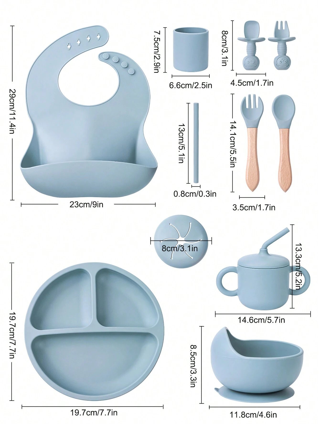 1 Set Children's Feeding Utensils Suit, Silicone Divided Round Plate, Adjustable Bib, Cutlery Set With Wooden Handles, Silicone Straws, Snack Cup