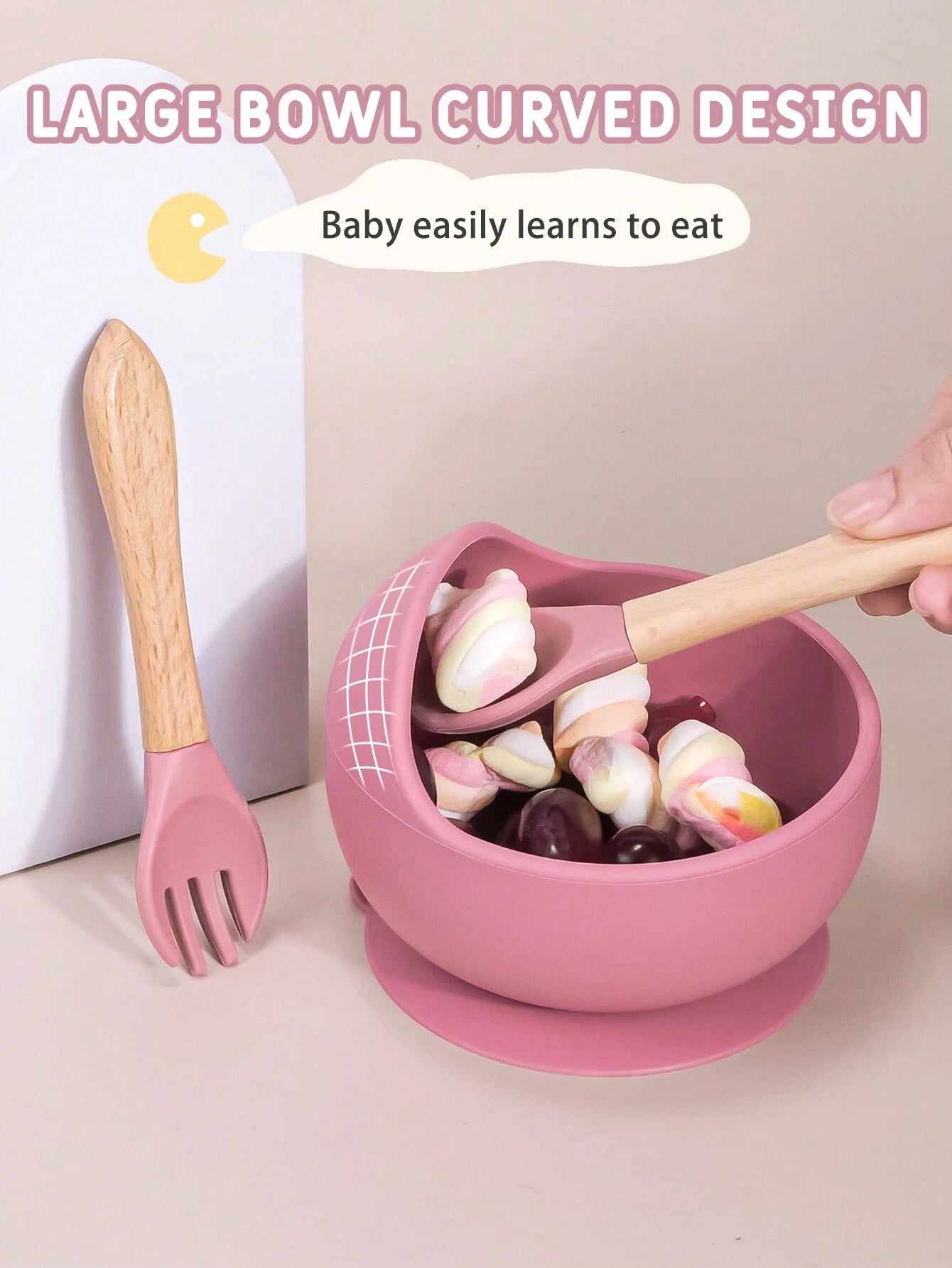 1 Set Children's Feeding Utensils Suit, Silicone Divided Round Plate, Adjustable Bib, Cutlery Set With Wooden Handles, Silicone Straws, Snack Cup