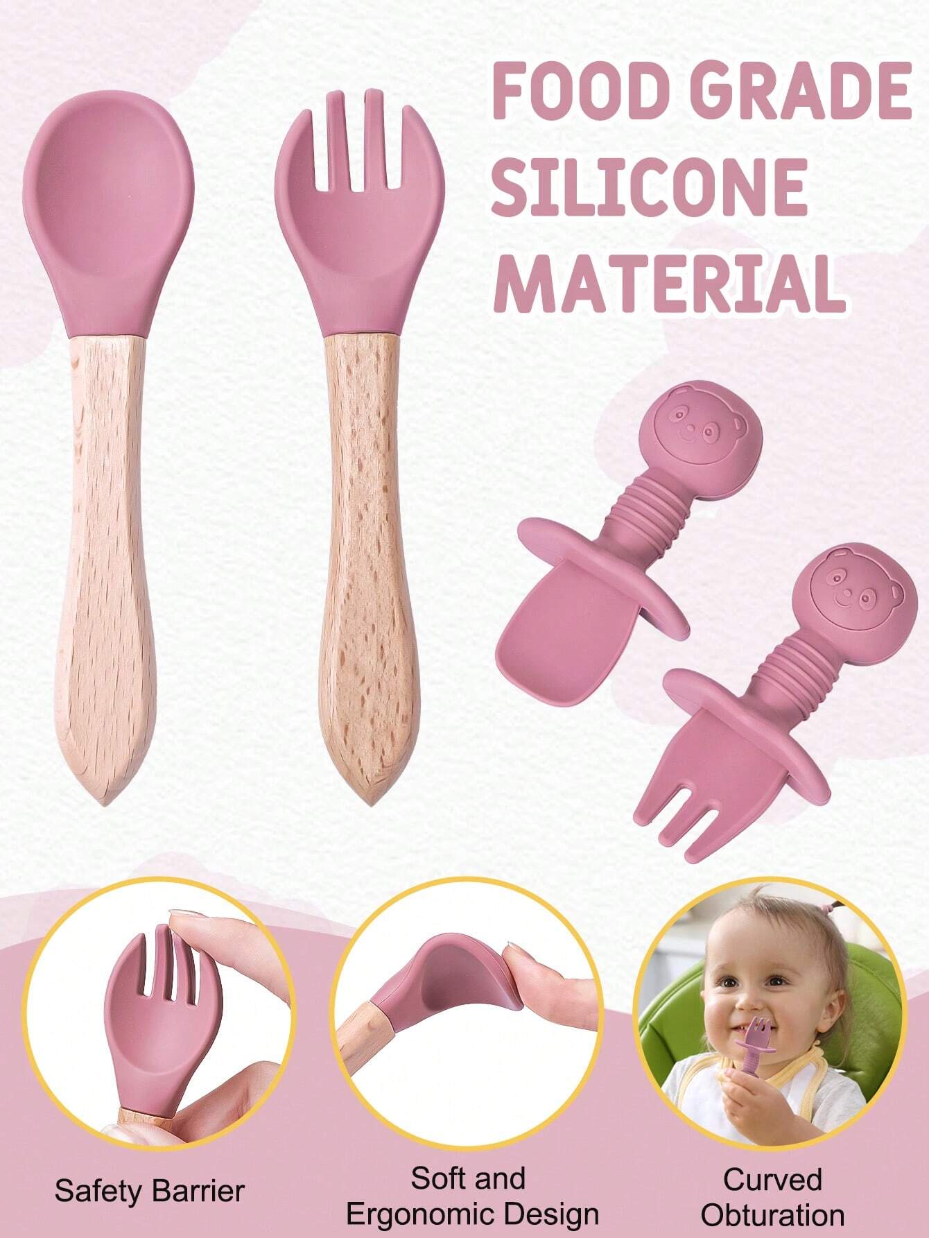 1 Set Children's Feeding Utensils Suit, Silicone Divided Round Plate, Adjustable Bib, Cutlery Set With Wooden Handles, Silicone Straws, Snack Cup