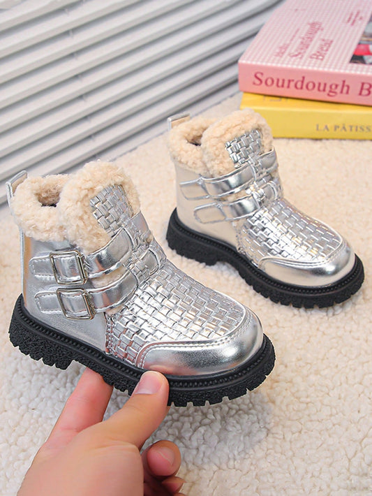 1 Pair Baby Boots With Soft Fuzzy Design At Ankle Silver