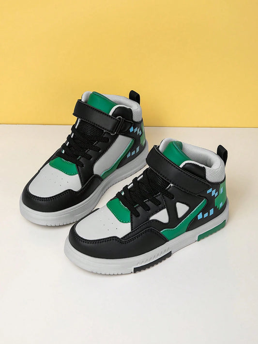 1 Pair Boys'/Girls' Casual Sports Shoes, Black & Green Dirt-Resistant