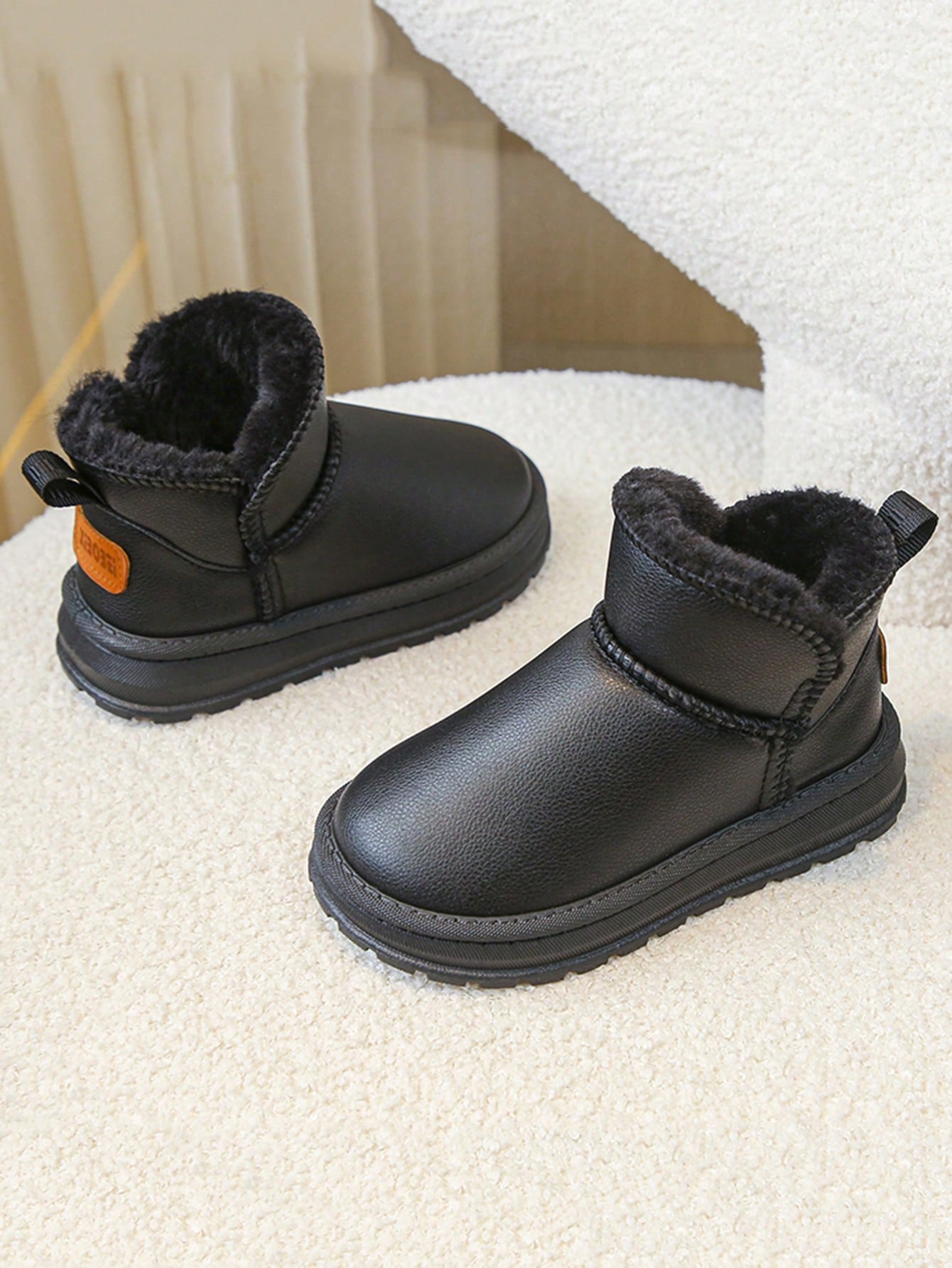 1 Pair Children's PU Leather Snow Boots, Thick Lining