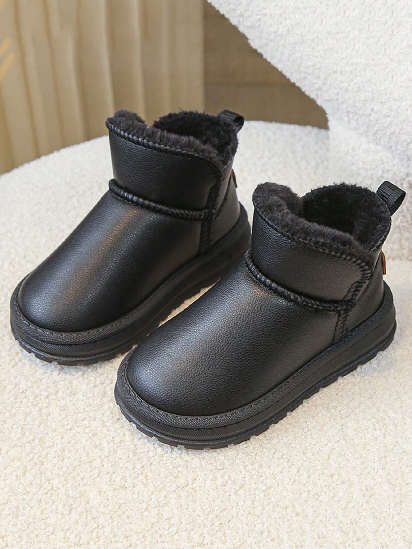 1 Pair Children's PU Leather Snow Boots, Thick Lining
