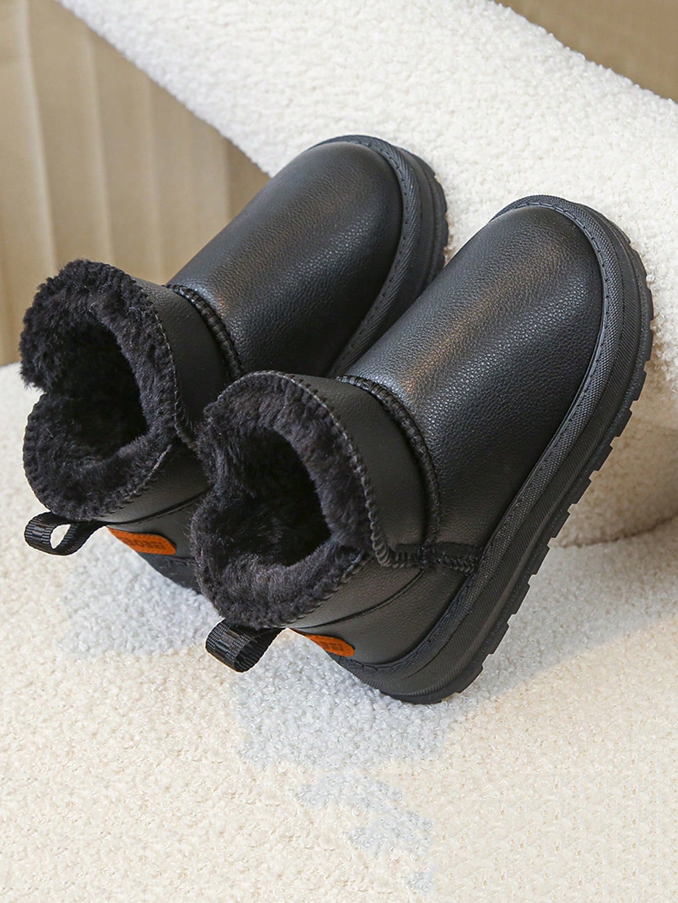 1 Pair Children's PU Leather Snow Boots, Thick Lining