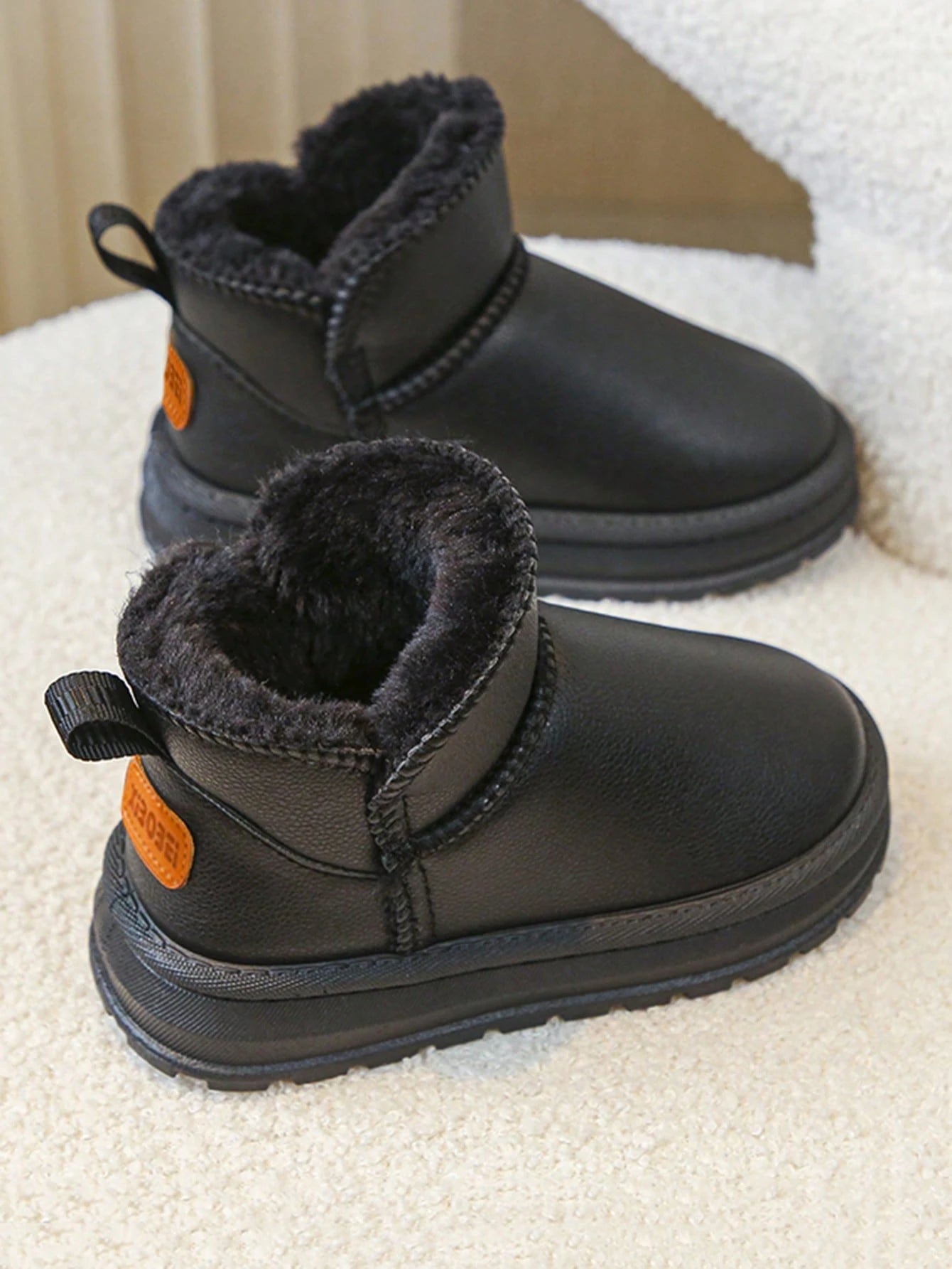 1 Pair Children's PU Leather Snow Boots, Thick Lining