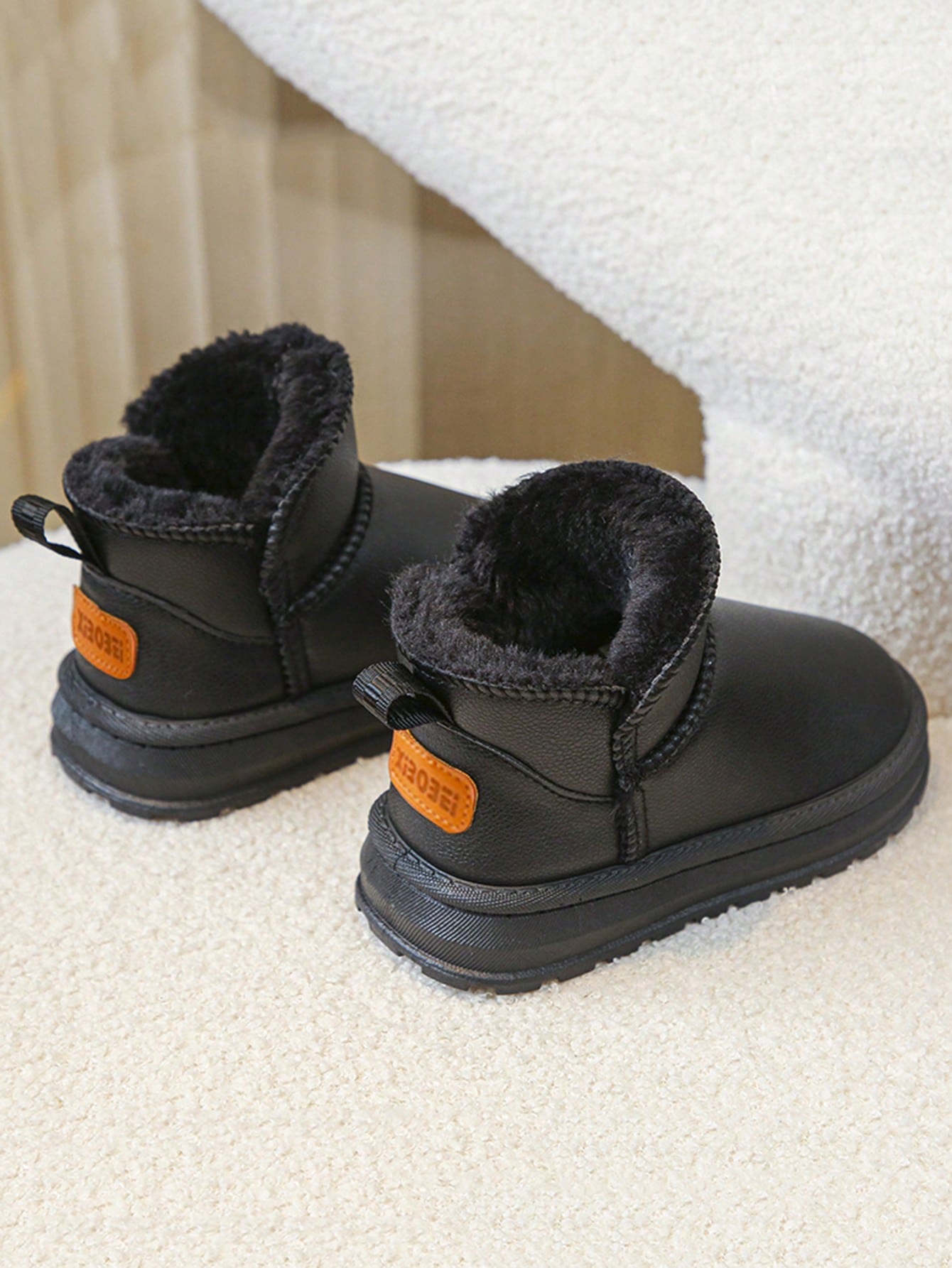 1 Pair Children's PU Leather Snow Boots, Thick Lining