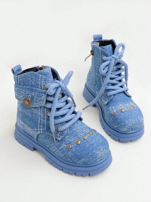 Children's Round Toe Boots With Side Zipper And Front Lace, Casual Daily Wear
