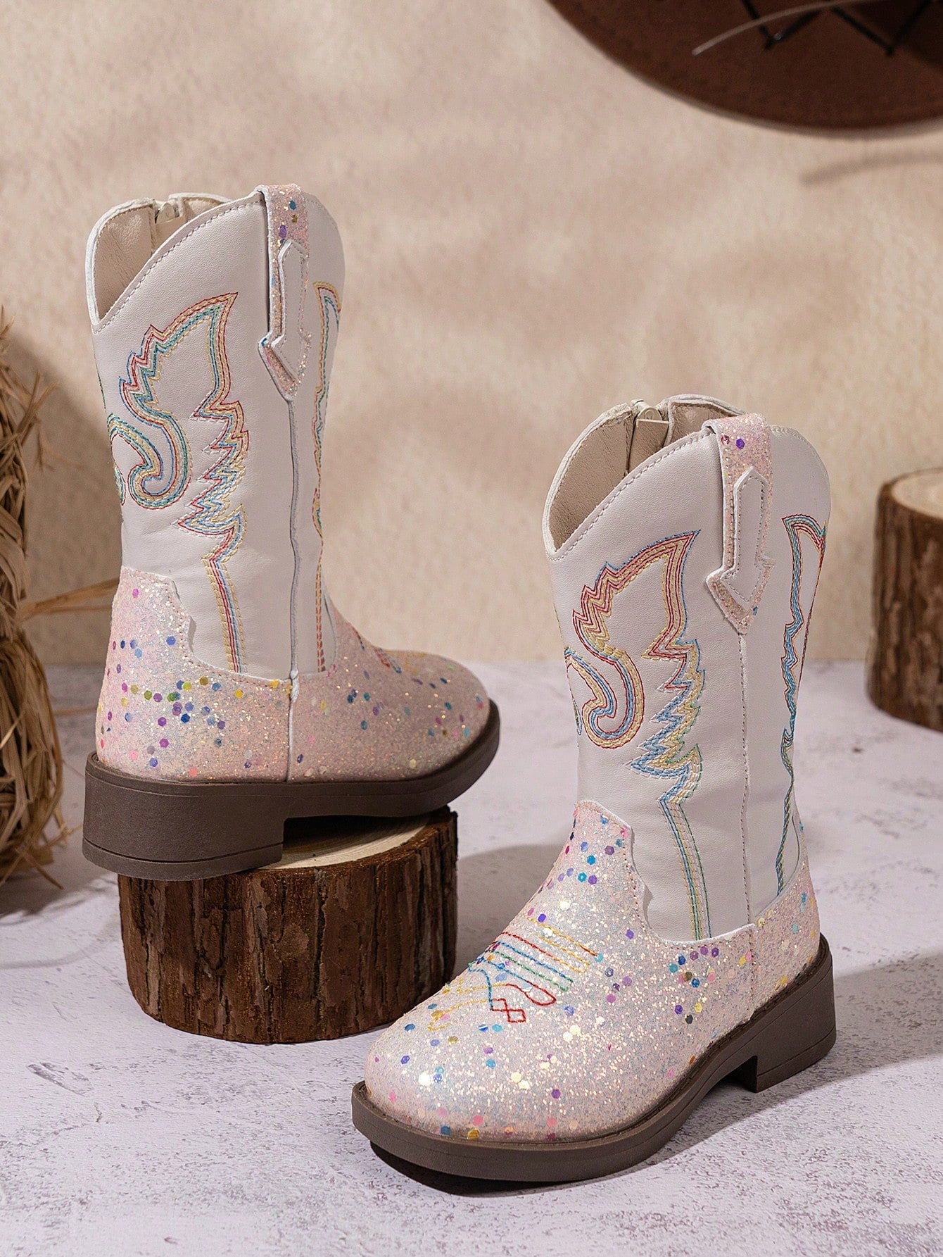 1 Pair Children's Shiny PU Casual Outdoor Square Toe Boots, Milky White