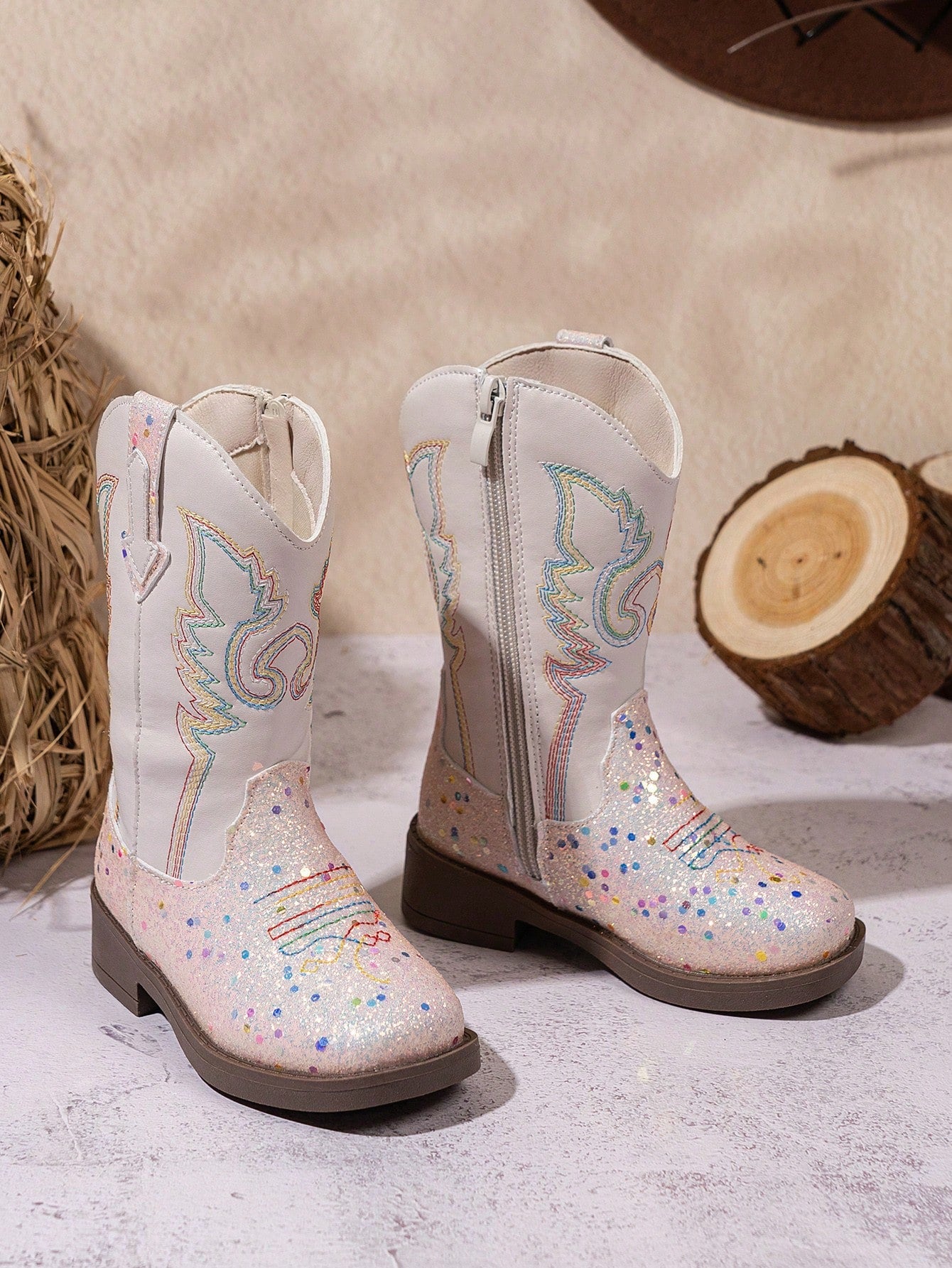 1 Pair Children's Shiny PU Casual Outdoor Square Toe Boots, Milky White