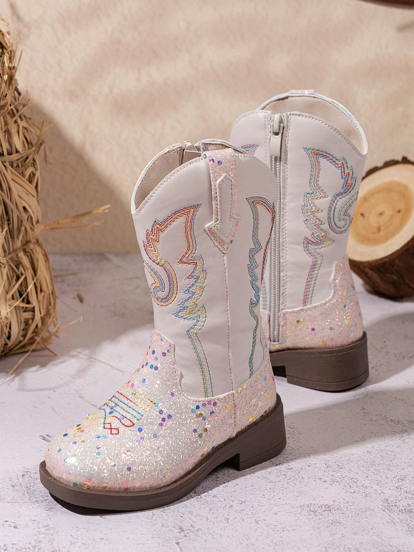 1 Pair Children's Shiny PU Casual Outdoor Square Toe Boots, Milky White