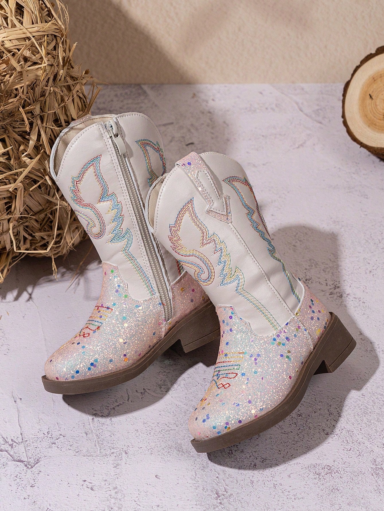 1 Pair Children's Shiny PU Casual Outdoor Square Toe Boots, Milky White
