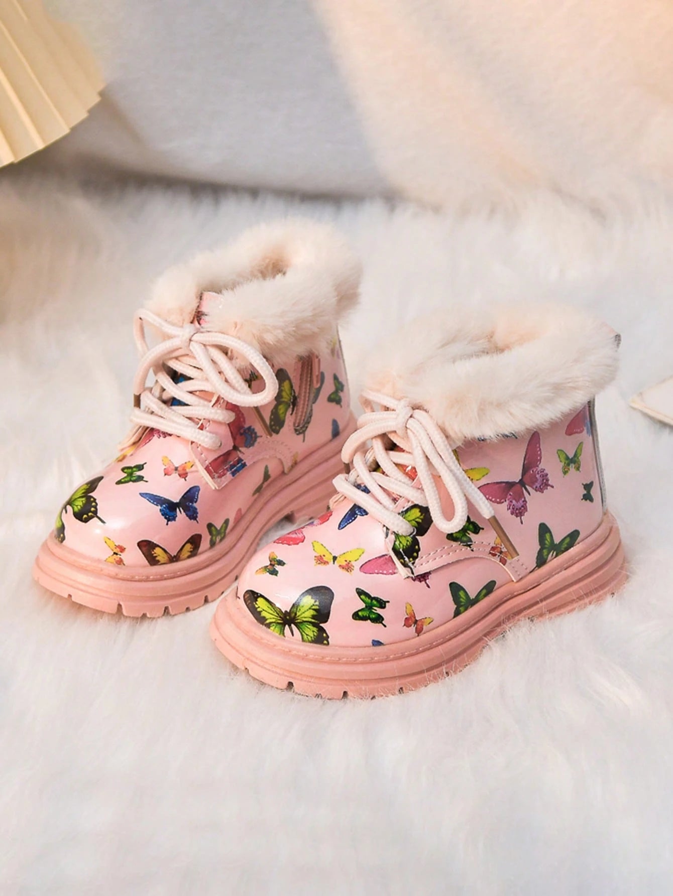 1 Pair Girls' Butterfly Print Warm Boots Pink