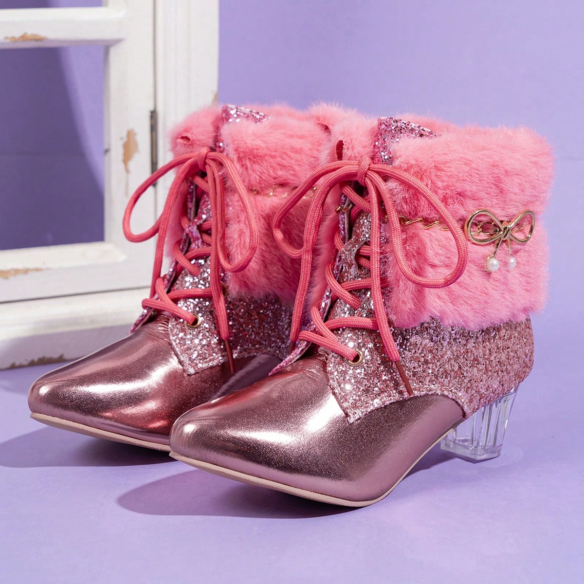 1 Pair Girls' Glitter Sequin Ankle Boots
