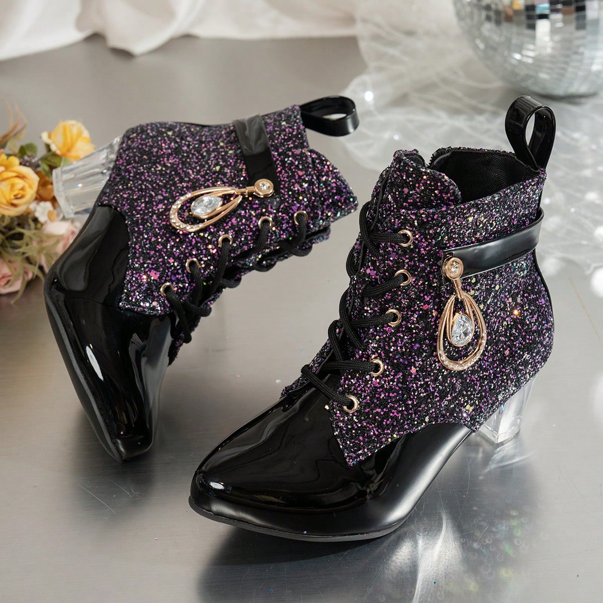 1 Pair Girls' Glitter Sequin Ankle Boots