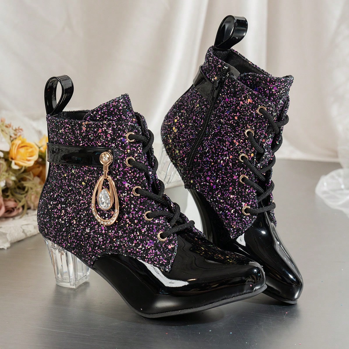 1 Pair Girls' Glitter Sequin Ankle Boots