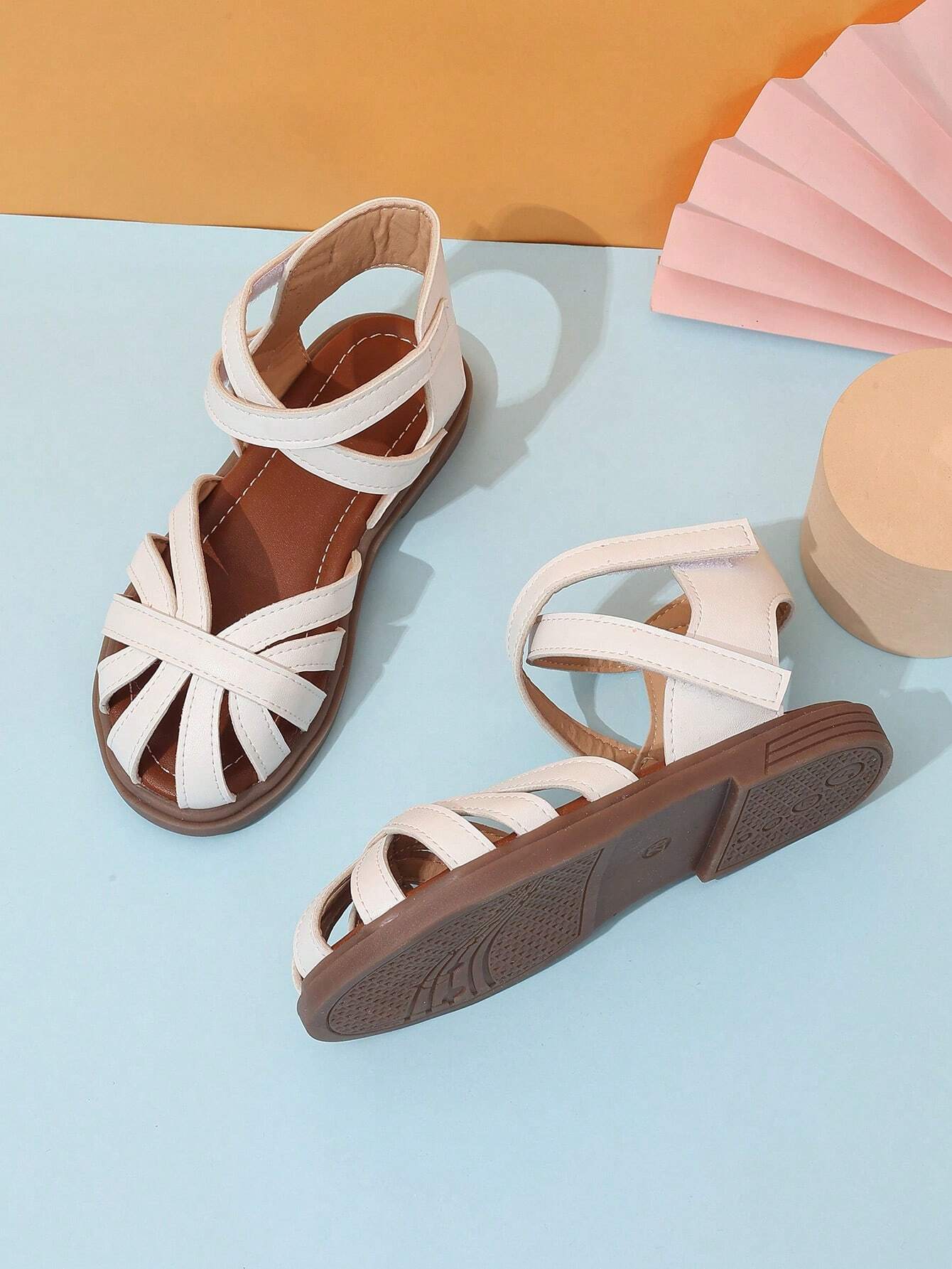 1 Pair Girls Hollow-Out PU Bandage Decor Flat Cute Sandals