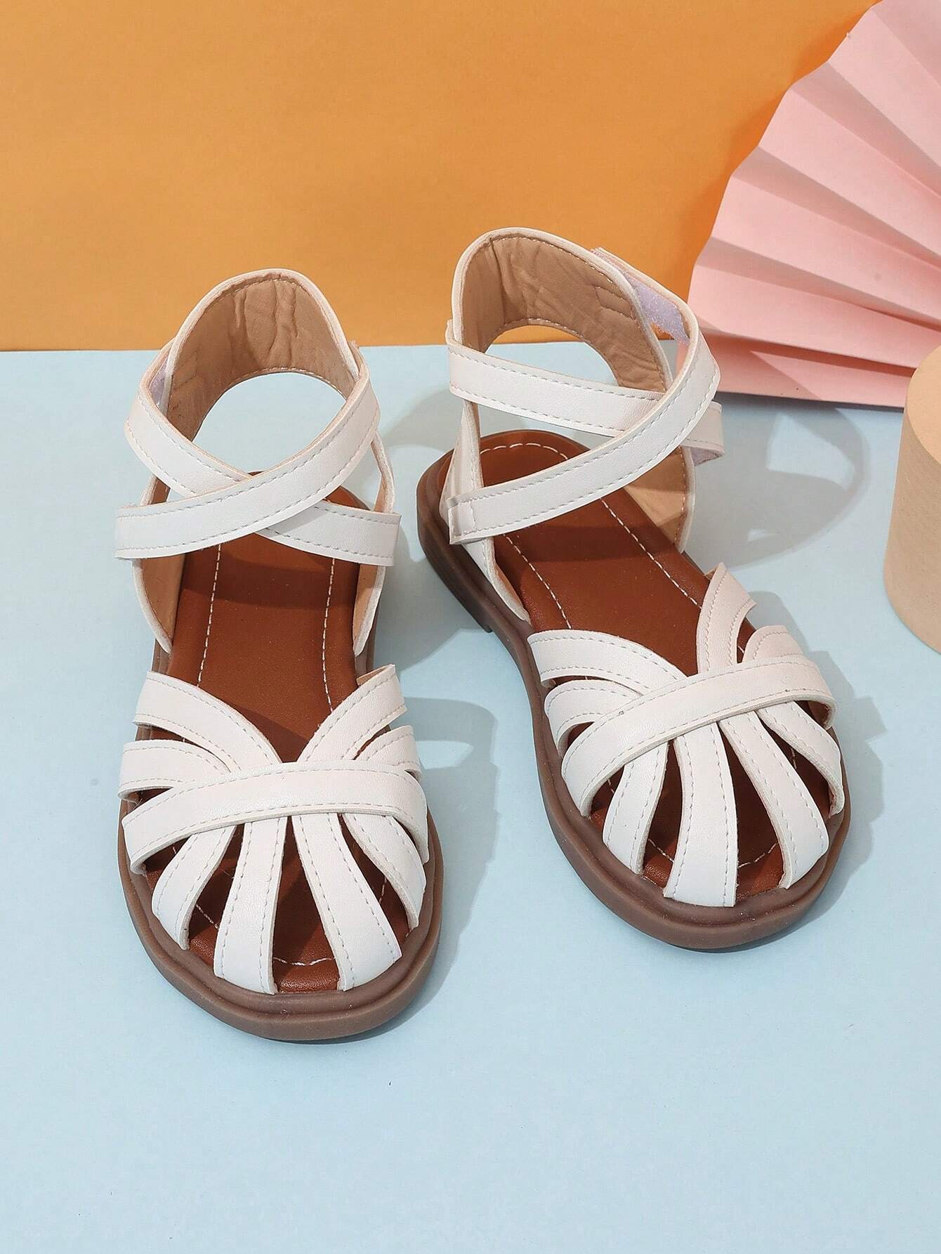 1 Pair Girls Hollow-Out PU Bandage Decor Flat Cute Sandals