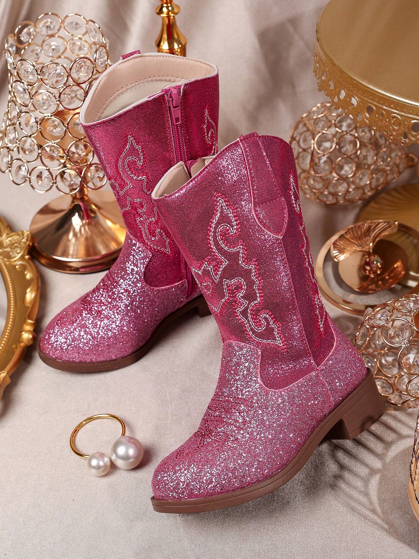 Magenta Gradient Glitter White Embroidered Western Boots