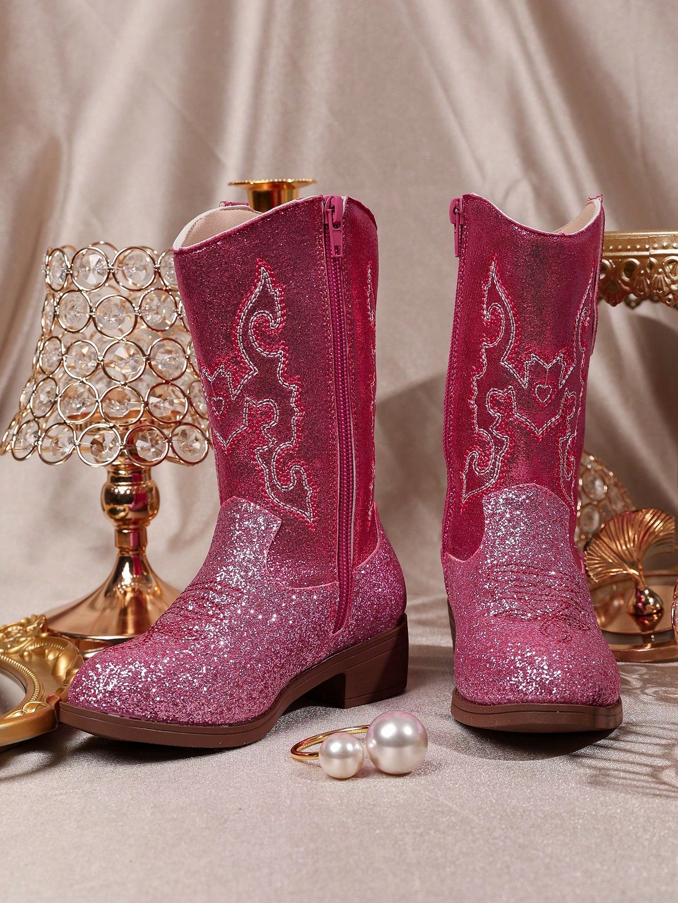 Magenta Gradient Glitter White Embroidered Western Boots