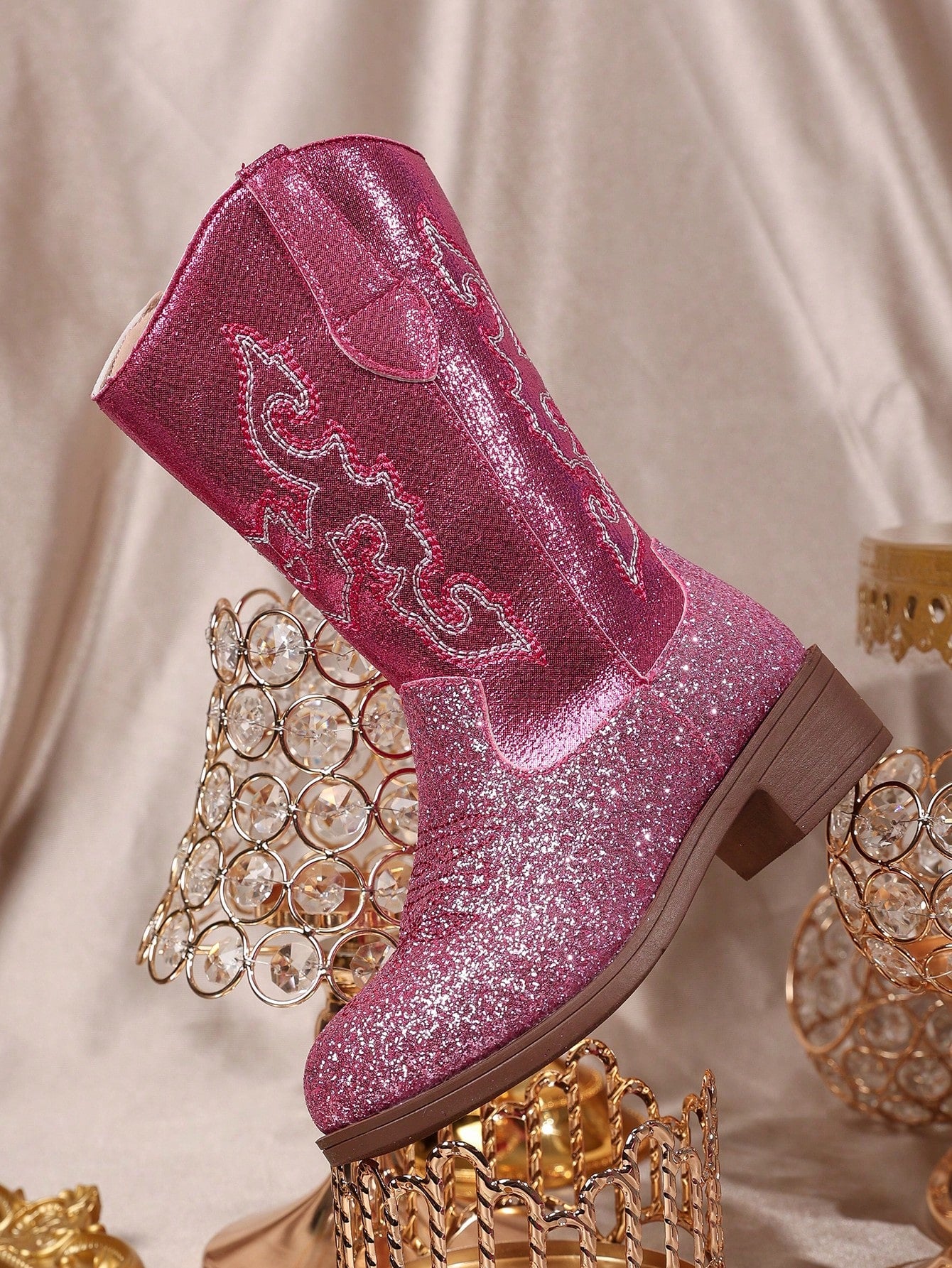 Magenta Gradient Glitter White Embroidered Western Boots