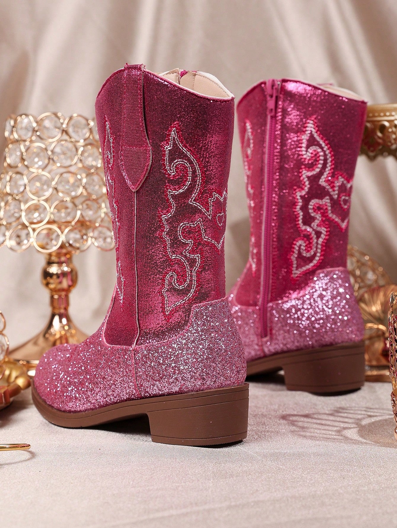 Magenta Gradient Glitter White Embroidered Western Boots