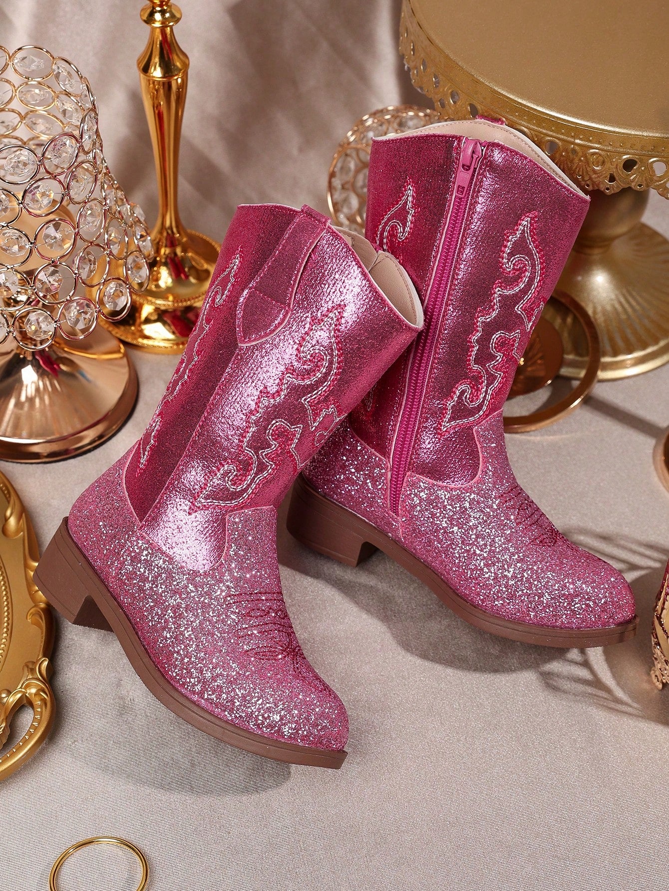 Magenta Gradient Glitter White Embroidered Western Boots