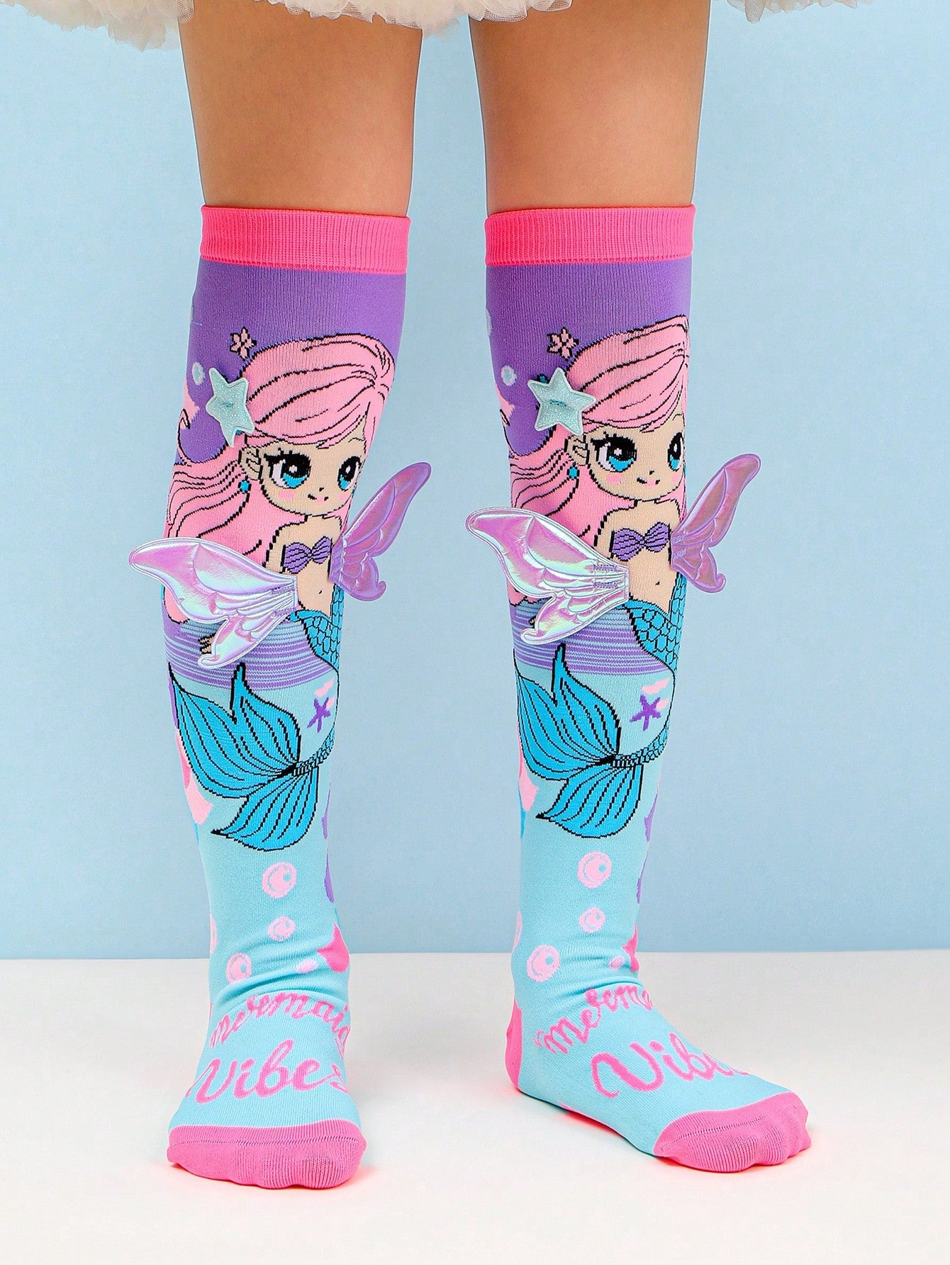 1 Pair Girls Mermaid Over-The-Knee Socks With 3D Glitter Wings