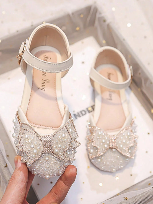 1 Pair Girls' New Bowknot Princess Pearl Crystal Soft Bottom Closed Toe Sandals
