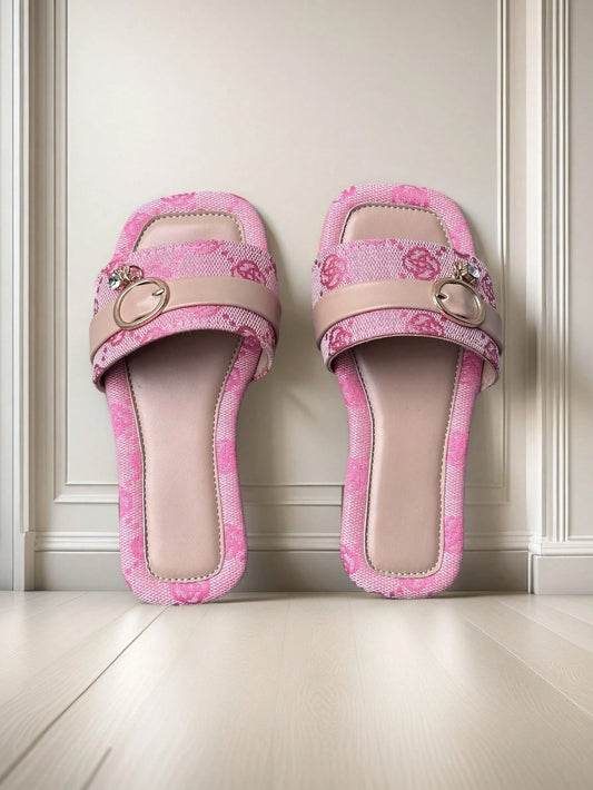 1 Pair Girls Open Toe Buckle Pendant Flower Decor Slide Sandals