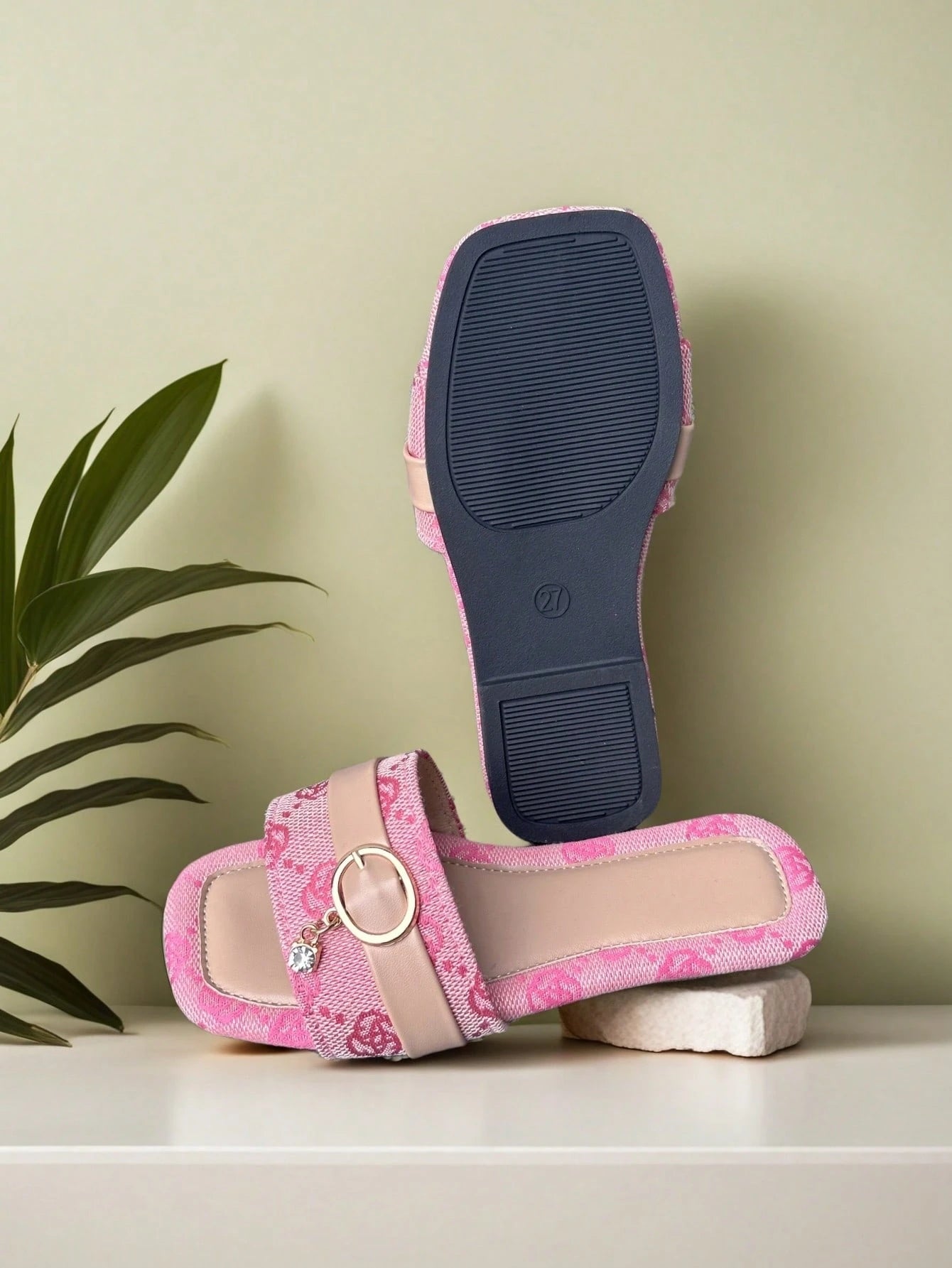 1 Pair Girls Open Toe Buckle Pendant Flower Decor Slide Sandals