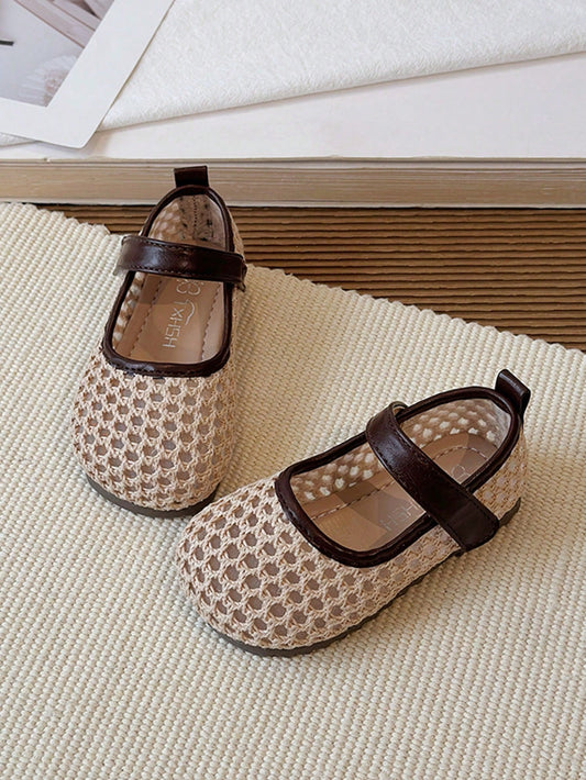 1 Pair Girls' Casual Fashion Baby Flat Shoes, Solid Color Fishnet & Floral Decor