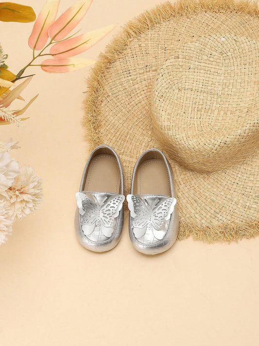 1 Pair Girls Vibrant Butterfly PU Leather Anti-Slip Round Toe Loafers