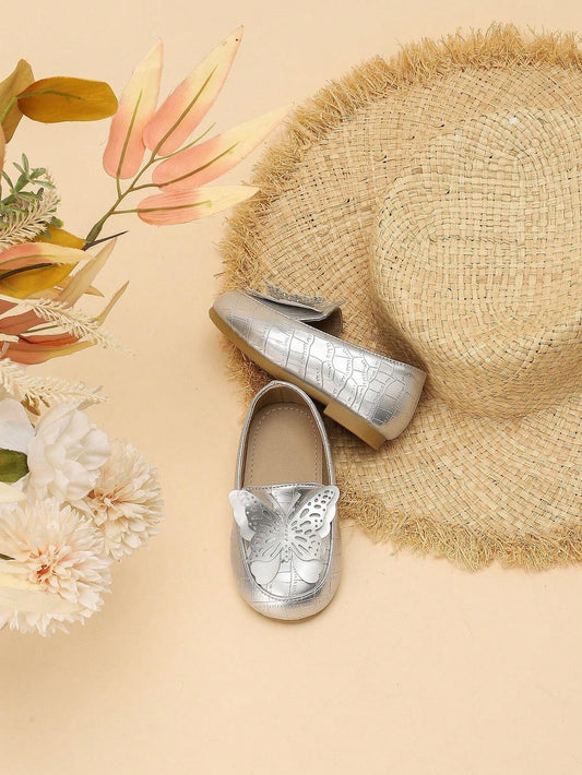 1 Pair Girls Vibrant Butterfly PU Leather Anti-Slip Round Toe Loafers