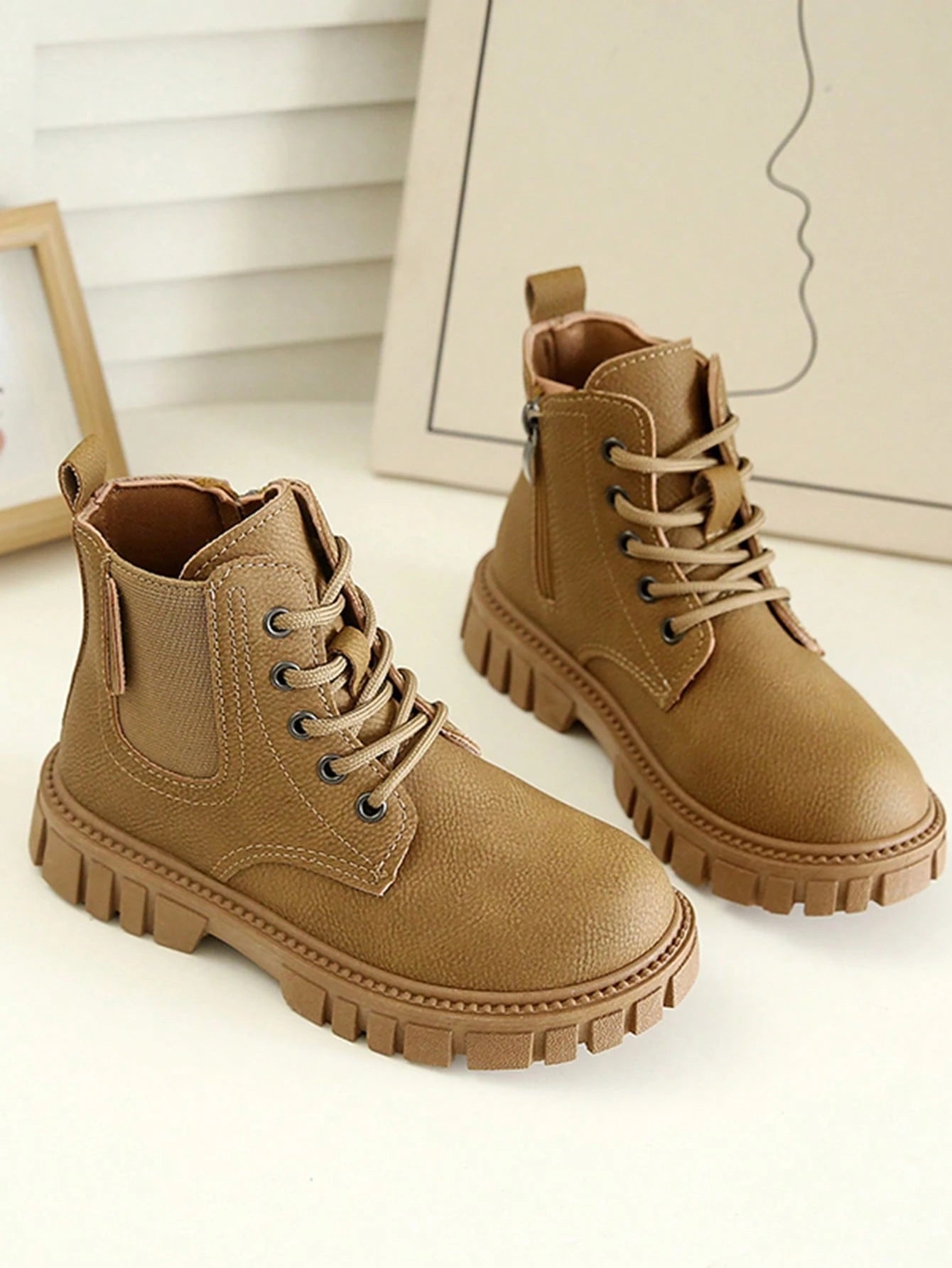 1 Pair Kids Yellow Boots, Soft PU + Elastic Fabric Splicing Material