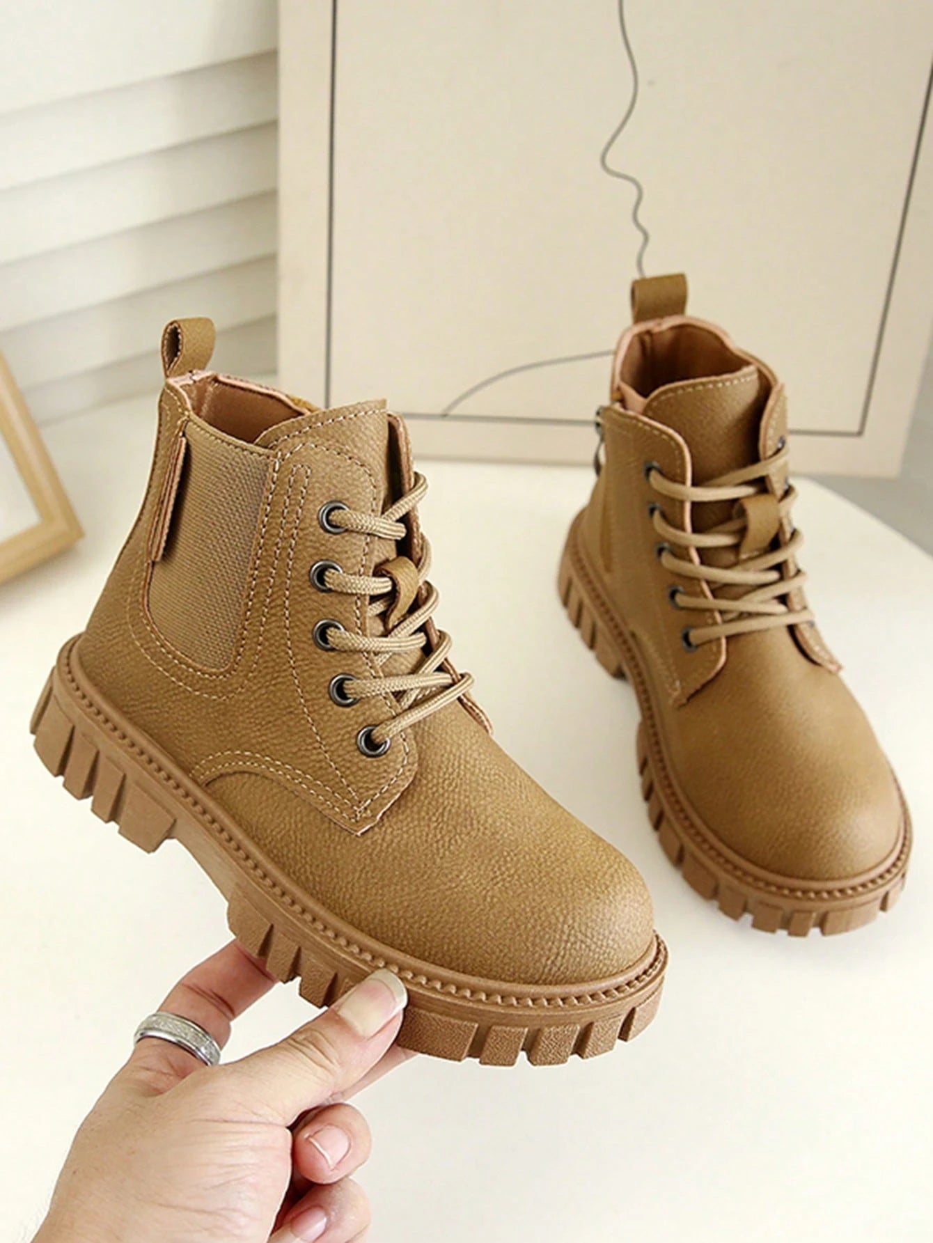 1 Pair Kids Yellow Boots, Soft PU + Elastic Fabric Splicing Material
