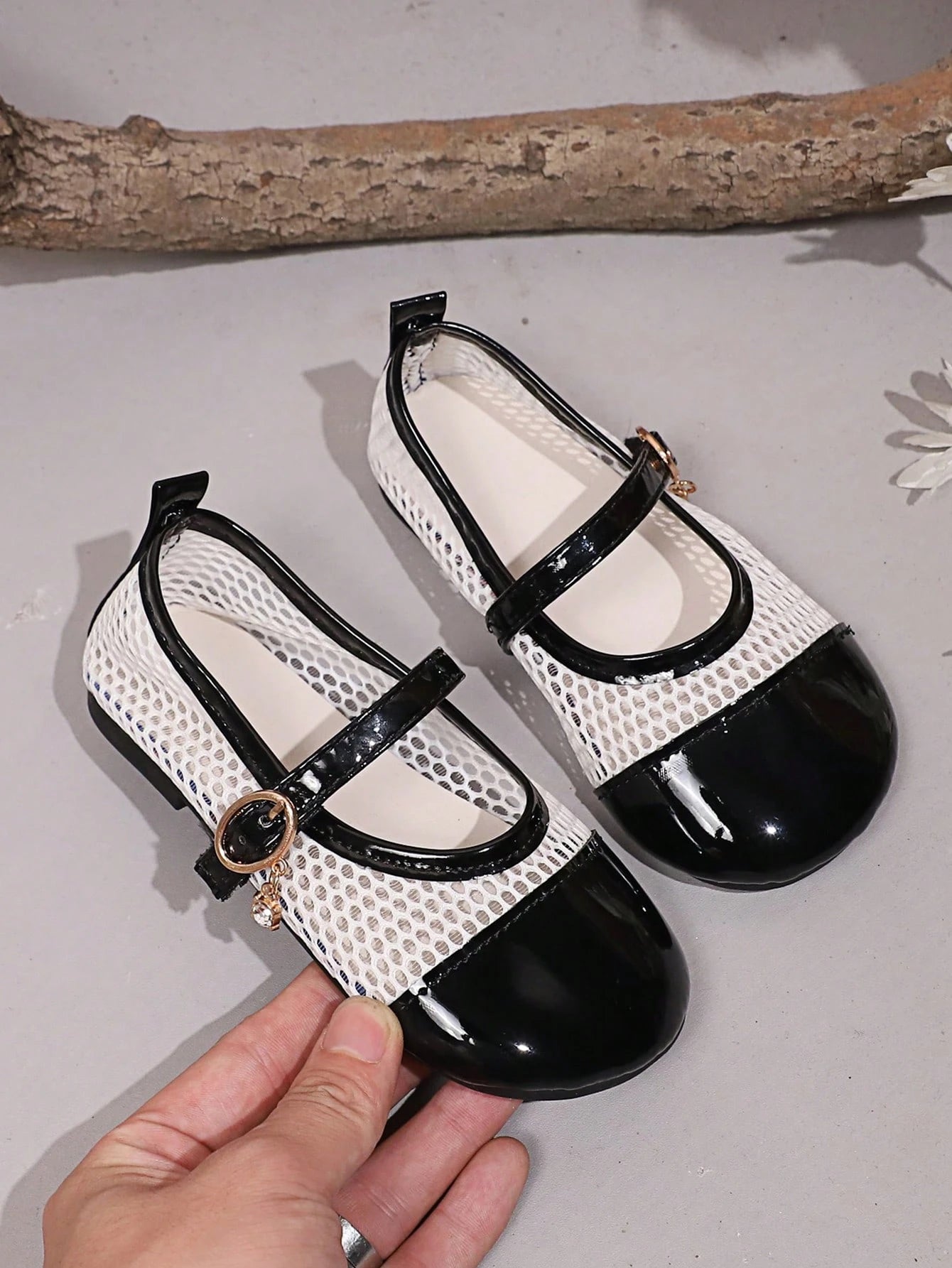 Mesh Patchwork Fabric, Round Toe Shallow Cut 1 Pair Mary Jane Shoes