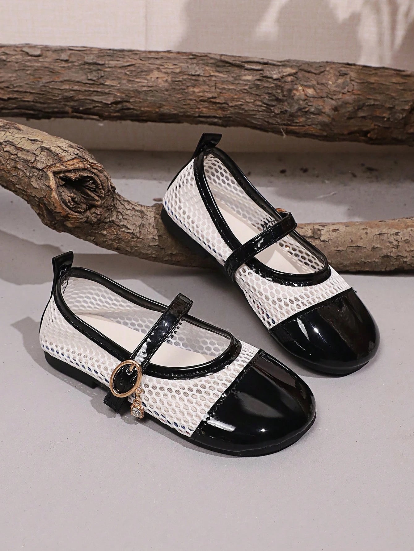 Mesh Patchwork Fabric, Round Toe Shallow Cut 1 Pair Mary Jane Shoes