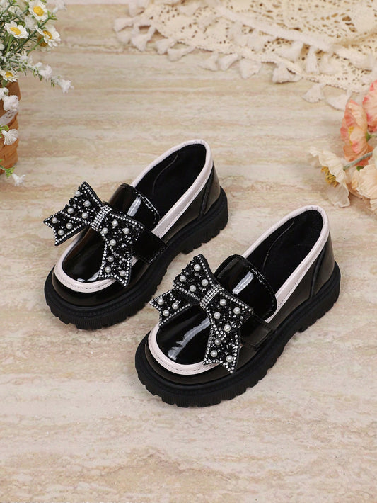 New Fashion Cute Bowknot PU Pearl Hook & Loop Non-Slip Durable Girls Shoes