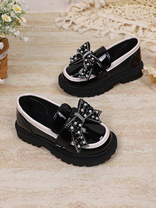 Bowknot PU Pearl Hook & Loop Non-Slip Durable Girls Shoes