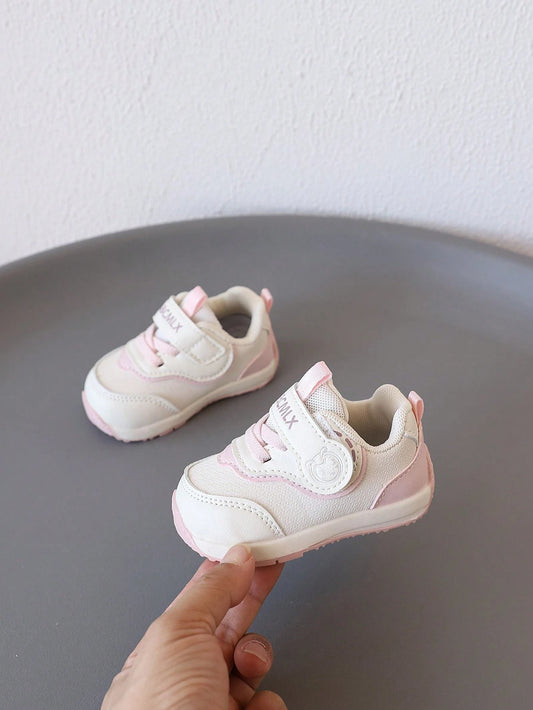 Cartoon Pattern Decorated Leather-Like Material Protective Toe Round Toe Low Hook And Loop Strap Flat Pink