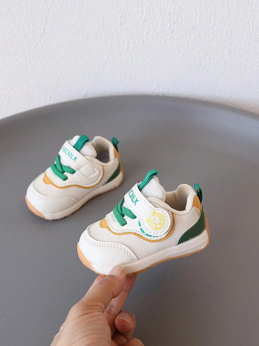 Cartoon Pattern Decorated Leather-Like Material Protective Toe Round Toe Low Hook And Loop Strap Flat Green