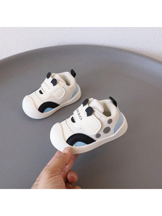 1 Pair Toddler Shoes, Cute Cartoon Decor, Made Of Mesh Fabric Black
