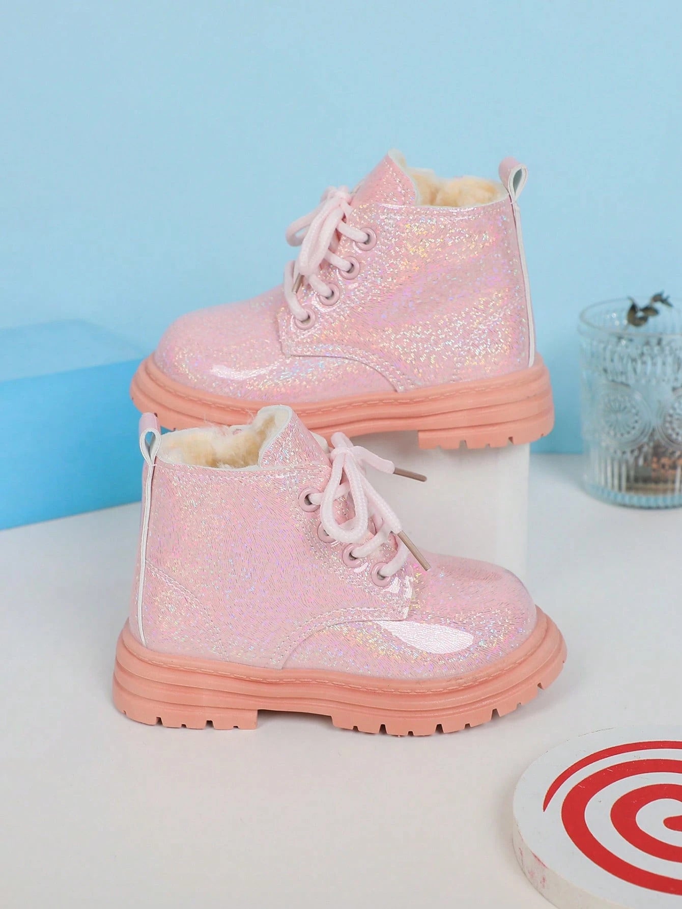1 Pair Fashionable Classic Round Toe PU Shiny Cute Princess Boots Pink