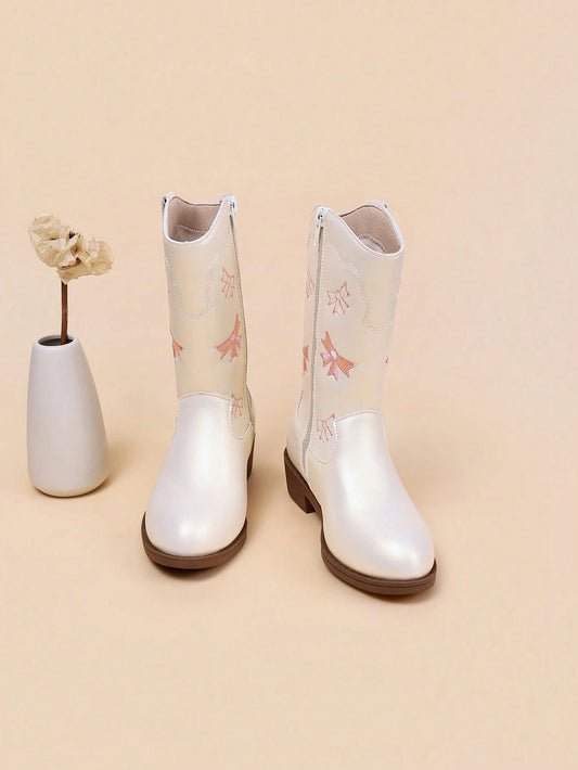 1 Pair White Girls' Fashion Western Boots With Cute Butterfly Embroidery, Pretty Boots