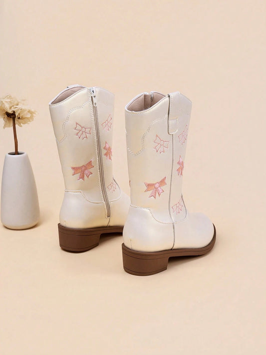 1 Pair White Girls' Fashion Western Boots With Cute Butterfly Embroidery, Pretty Boots