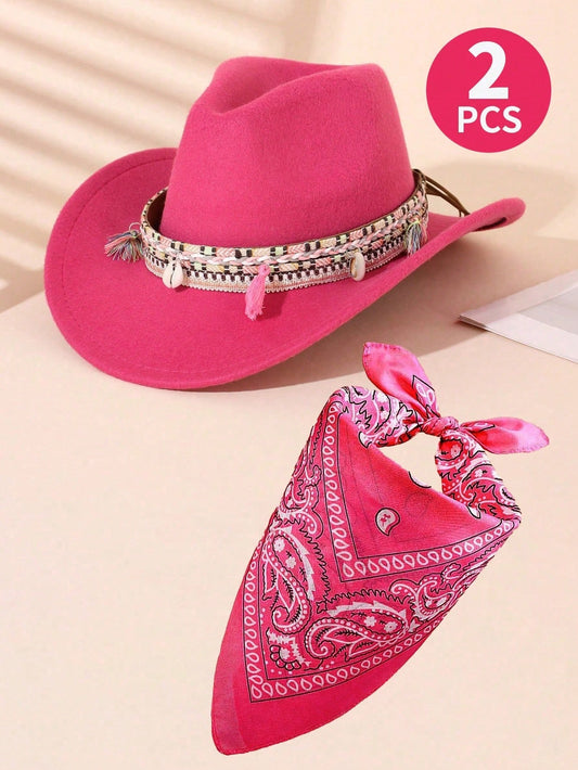 Mummy & Mee 2Pcs Kids Western Felt Cowgirl Hat & Paisley Bandana Set Rose Red Hat + Rose Red Bandana