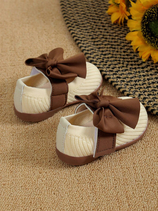 1pair Cute Bowknot Decor Breathable Soft Sole Baby Socks Princess Flat Shoes Beige